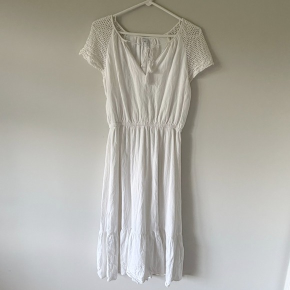 Old Navy Dresses & Skirts - Old Navy White Linen Blend Crochet Sleeve Midi Dress Tassel Tie Boho Peasant S‎